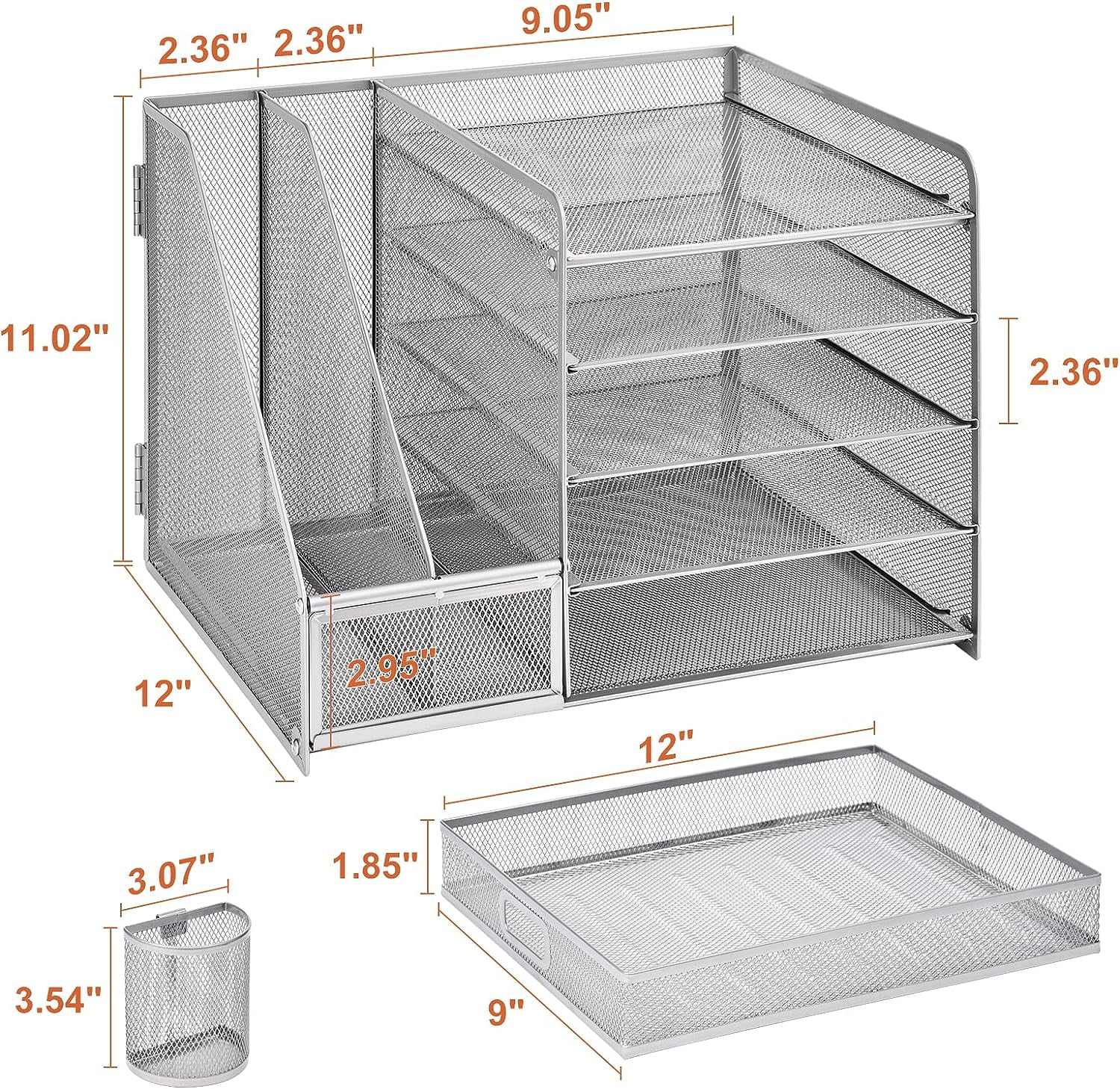 Marbrasse 5-Tier Desk Organizer with File Holder, Drawer, and Pen Holders - Mesh Desktop Storage for Office Supplies and Magazines (Silver)