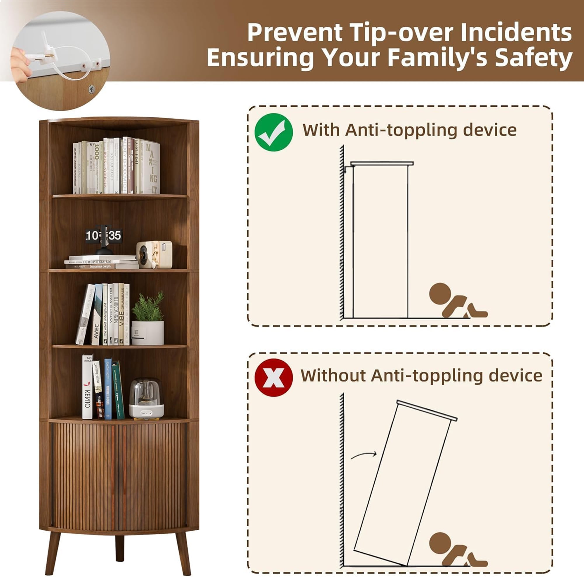 Bathroom Floor Corner Cabinet with Doors, Freestanding Narrow Storage Cabinets for Living Room, Kitchen, Walnut Color