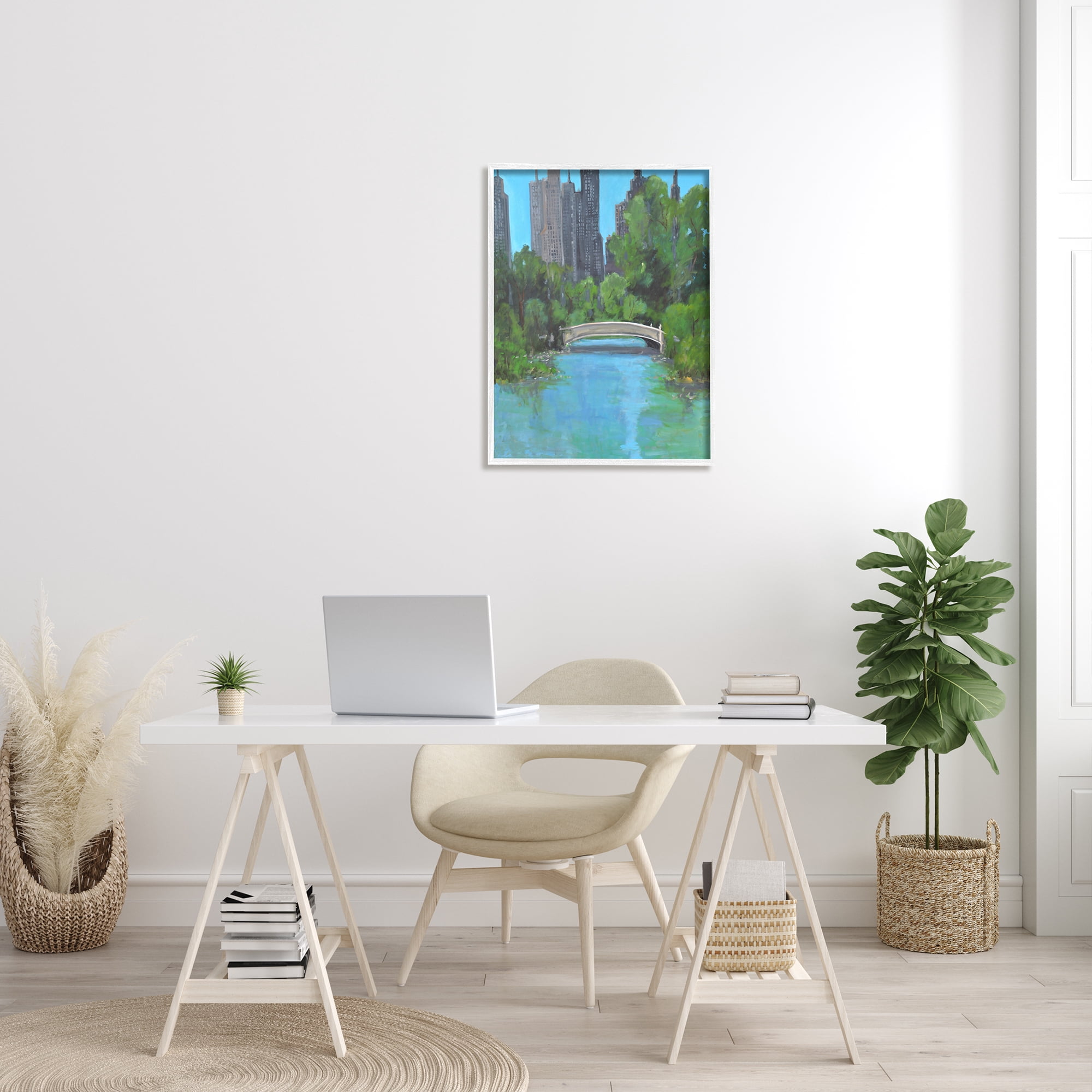 Stupell Industries Urban City Park Town Bridge Over Lake Painting White Framed Art Print Wall Art, Design by Allayn Stevens