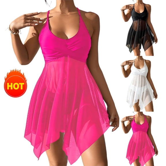Taqqpue Women's Tankini Swimsuits Tummy Control Two Piece Bathing Suit Mesh Solid Color V Neck Flowy Swim Top with Bottom for Women