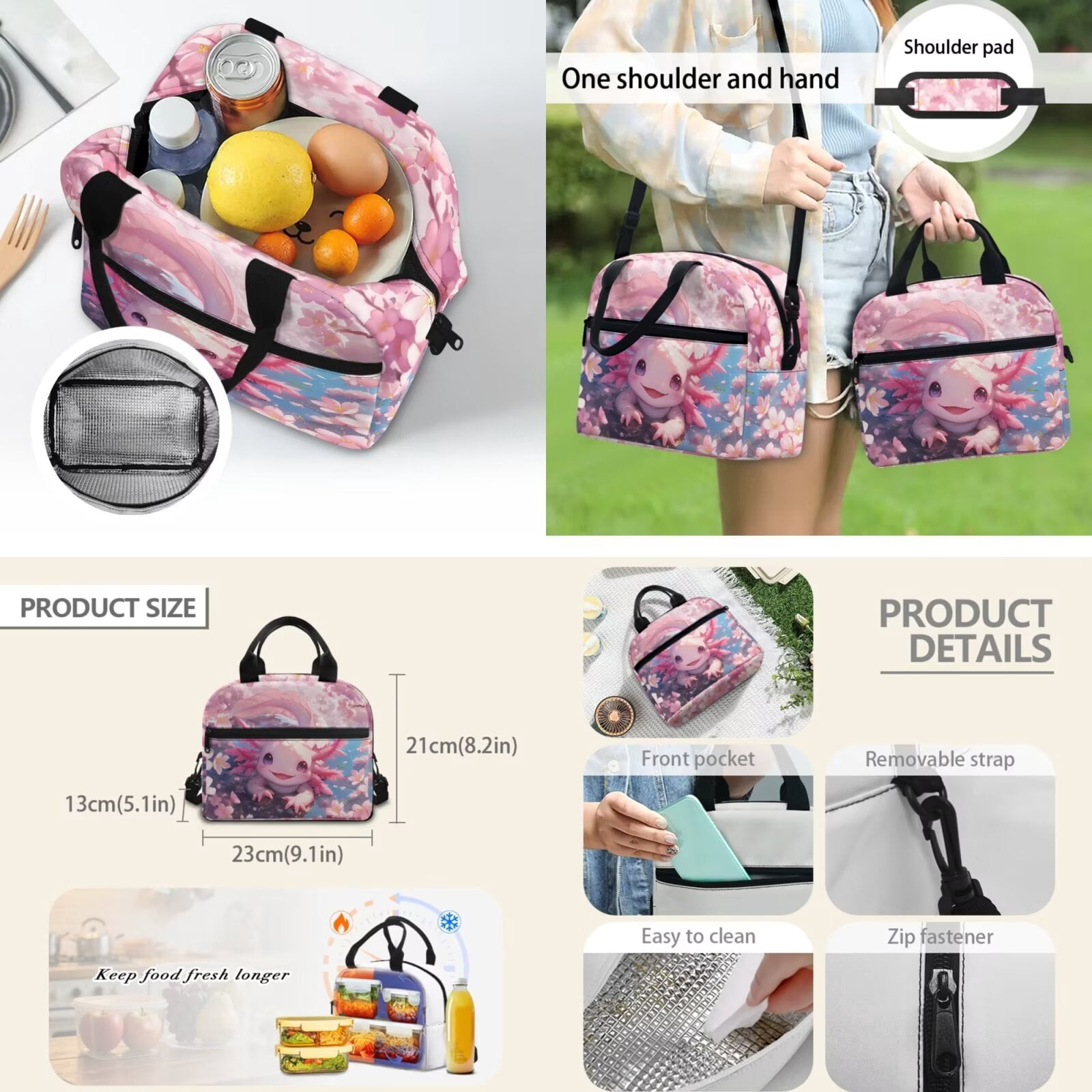 Pzuqiu Axolotl Cherry Blossom Kawaii Backpack for School Girls 4 Pcs Backpacks with Lunch Box Pencil Case 2pcs Bookmark Large Travel Rucksack 17 Inch Bookbags School Bag Set