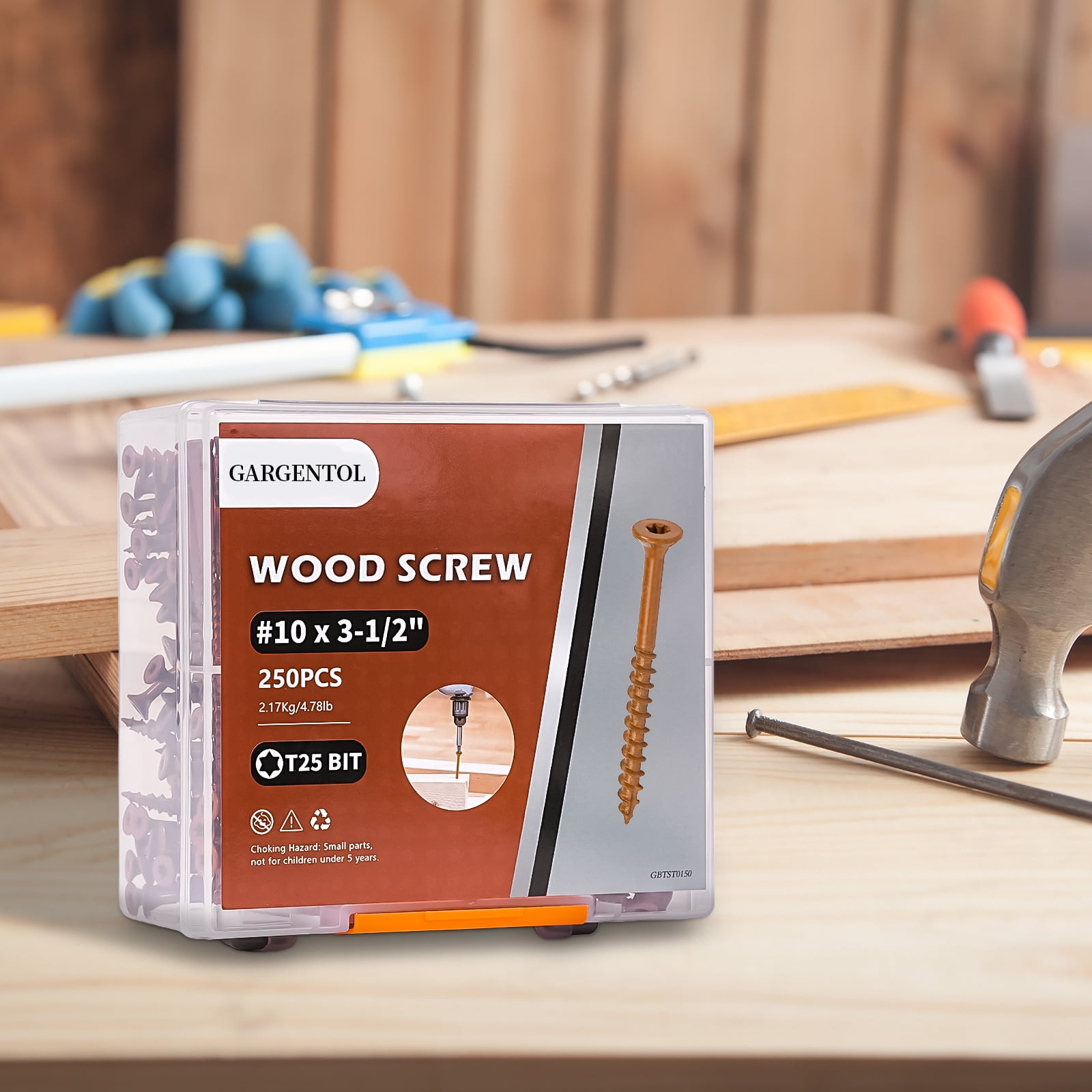 GARGENTOL Wood Screws #10 x 3-1/2", 250 PCS Construction Fence Deck Exterior Screws for Wood, Rust Resistant, T25 Star Bits Included, Brown