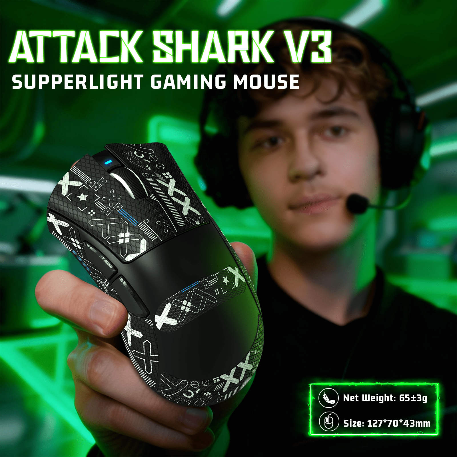ATTACK SHARK V3 Wireless Gaming Mouse, Tri-Mode 2.4G/USB-C Wired/Bluetooth, PAW3311 Sensor, 25000 DPI, 62g Ultra-Lightweight Design, Grip Tape Included, Black