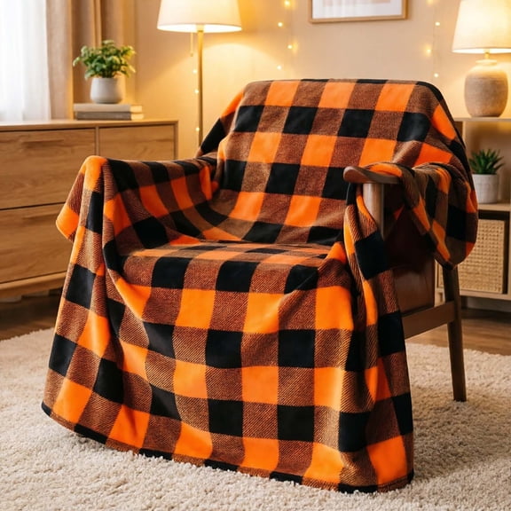 Fall Orange Black Buffalo Plaid Throw Blanket for Couch or Bed, Soft Flannel Cozy Decor Cover, Washable Blanket for Bedroom Daily Use.