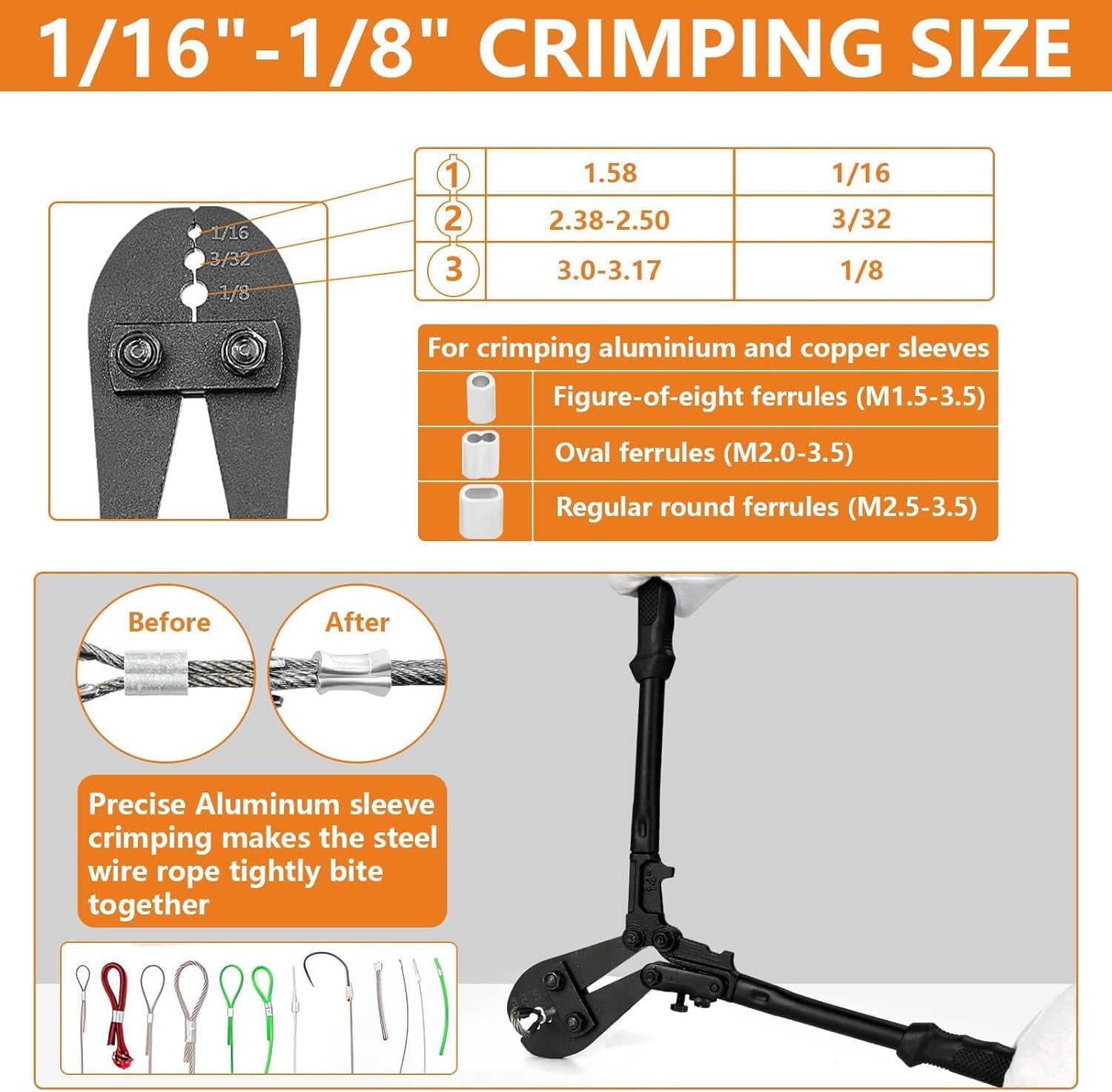 TooTaci Wire Rope Crimper, Ferrule Crimp Tool Kit for Aluminum Oval Sleeves, Double Sleeves, Crimping Loop sleeve from 1/16-inch to 1/8-inch