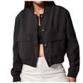 thumbnail image 1 of PEASKJP Womens Cropped Bomber Jacket Button Down Varsity Jackets Shackets With Pockets(Black,M), 1 of 5