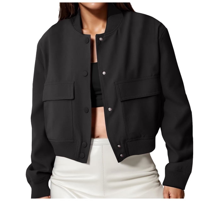 PEASKJP Womens Cropped Bomber Jacket Button Down Varsity Jackets Shackets With Pockets(Black,M)