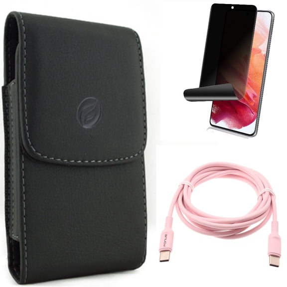 Privacy Screen Protector w Case Belt Clip w Pink 6ft Long Cable for Samsung Galaxy S21 Plus - TPU Film Fingerprint Works, Leather Holster, USB-C to Type-C PD Fast Charger Accessory Bundle