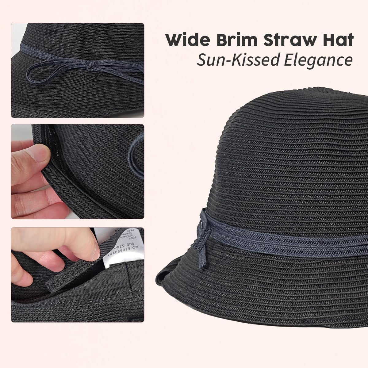 Kukuzhu Straw Bonnet Hat for Women, Wide Brim Foldable Packable Sun Bucket Hat UPF50+ Summer Beach Cap for Travel Outdoor