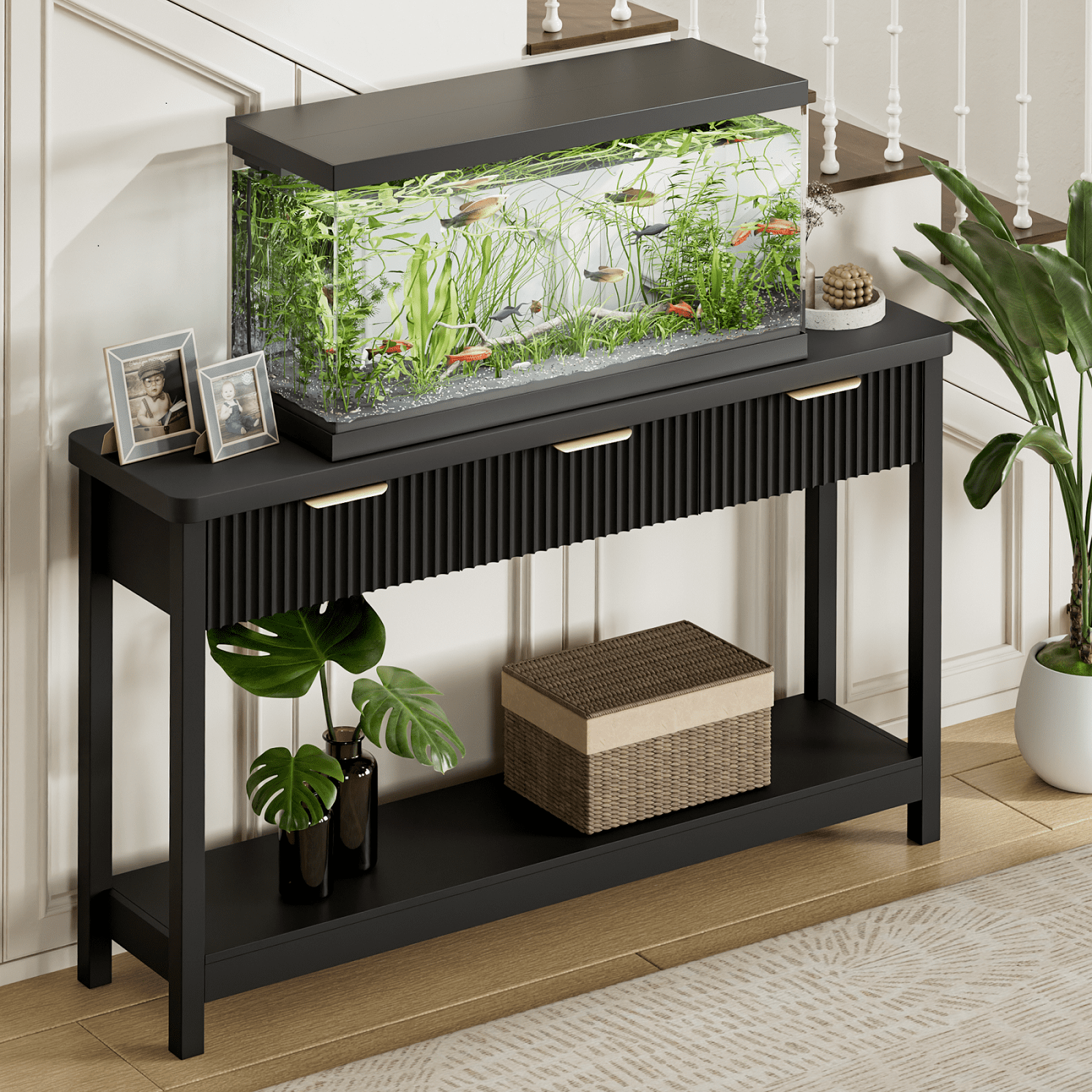 Aufeile 51" Console Table, Fluted Entryway Table with 3 Storage Drawers and Open Shelf, Narrow Sofa Table for Living Room, Hallway, Behind Couch, Black