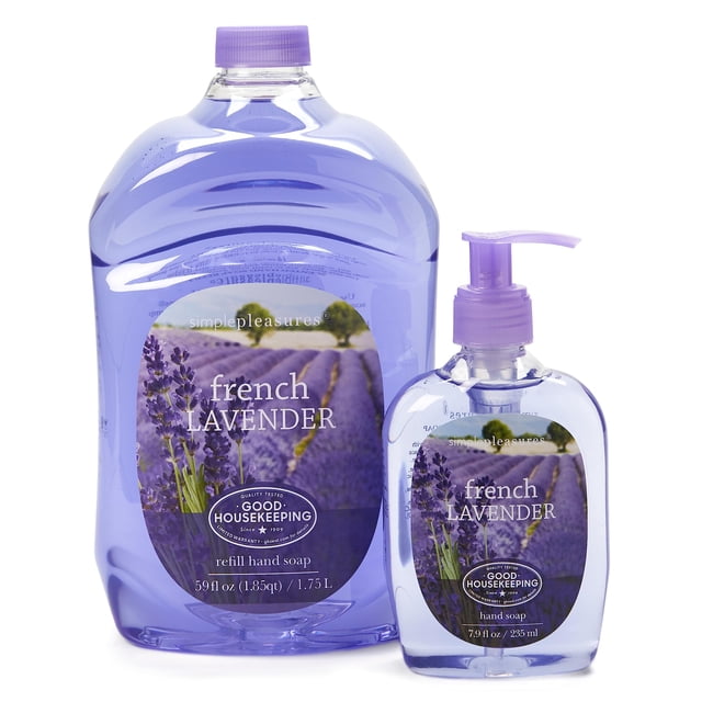 SIMPLE PLEASURES Colección de jabón de manos premium – Fragancia de lavanda francesa botella de 7.9 oz con recambio Jumbo de 59 oz – Aprobado por el sello Goodhousekeeping – Jabón de manos de múltiple