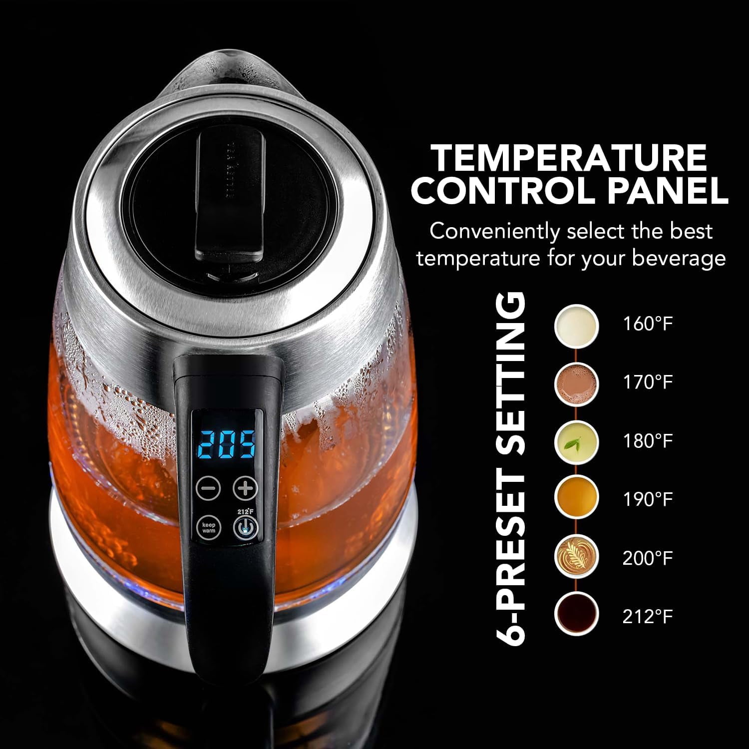 OVENTE Electric Glass Kettle Hot Water Boiler 1.8 Liter BPA Free 1500W, Set Temperature Control, Auto Shut Off, Portable Tea Kettle & Instant Water Heater + Stainless Steel Infuser - KG6610S