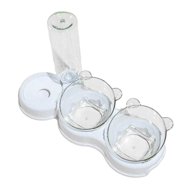 cuencos 3 en 1 para perros y gatos, platos para perros pequeños o medianos, gatos y cachorros. blanco comedero elevado 3 en 1 con dos cuencos transparentes desmontables de material PP y botella de agua transparente de 500 ml; cuencos inclinados 15° sobre base blanca con protección para el cuello, tamaño total 38×15×21 cm, fácil de limpiar, apto para perros pequeños, gatos y cachorros, y también suele usarse como estación de alimentación compacta para viajes o perreras.