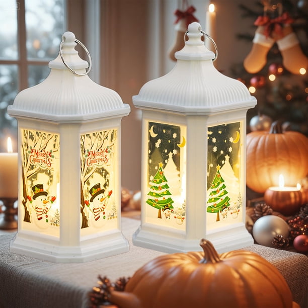 Faroles Navideños de Nieve para Decoración de Interiores, Faroles Led con Forma de Vela, de Plástico Blanco, 13,7 X 6,6 Cm | Funcionan con Pilas | Ideales para Mesas de Fiestas Navideñas y Decoración