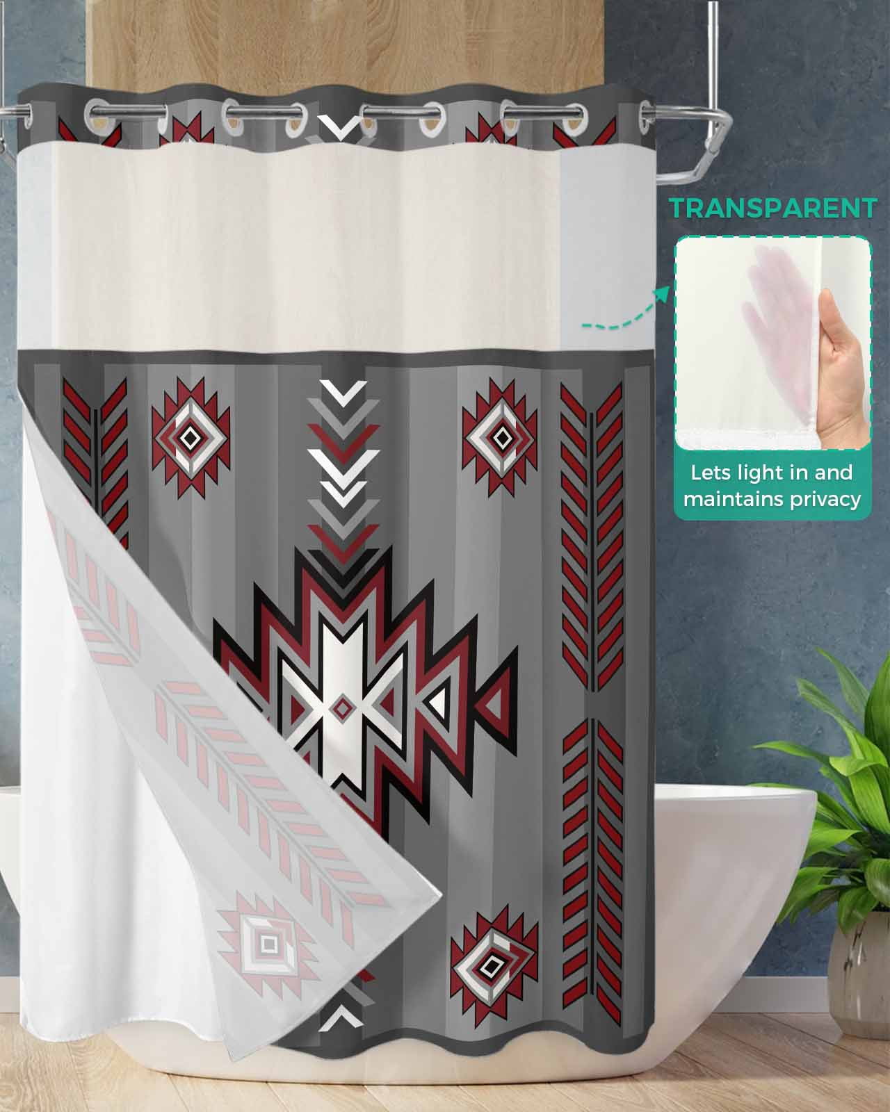 No Hook Shower Curtain with Snap in Liner, Boho Moroccan Red Geometric Grey Gradient Striped Hotel Shower Curtains for Bathroom, Washable Shower Curtain Liner Set with Mesh Top Window, 72"x84"