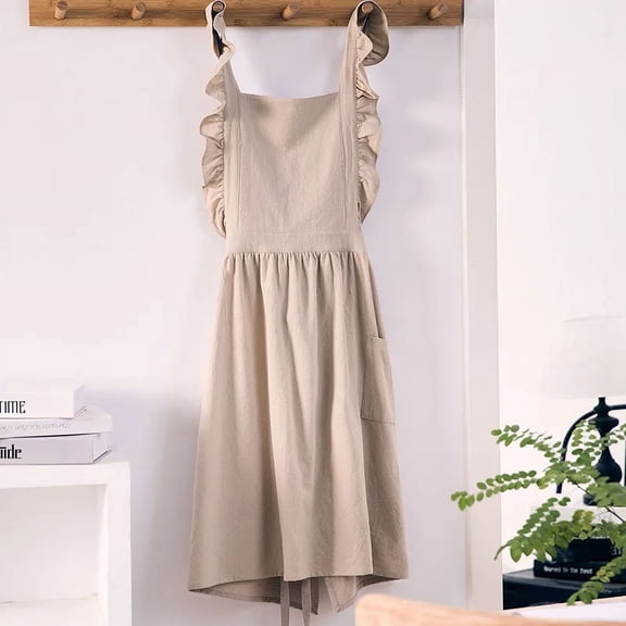 Pink Cross Back Apron Dress with Ruffle Pockets Kitchen Gardening Cooking Baking Pinafore Apron for Women