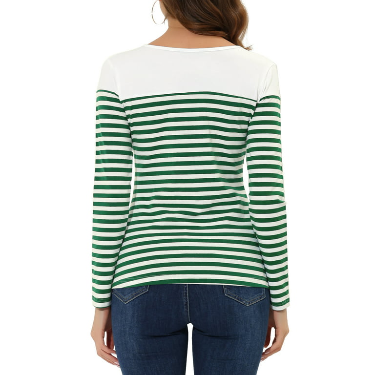 Unique Bargains Women's Color Block Striped Knit Top Long Sleeves T-Shirt  2XL Black-White