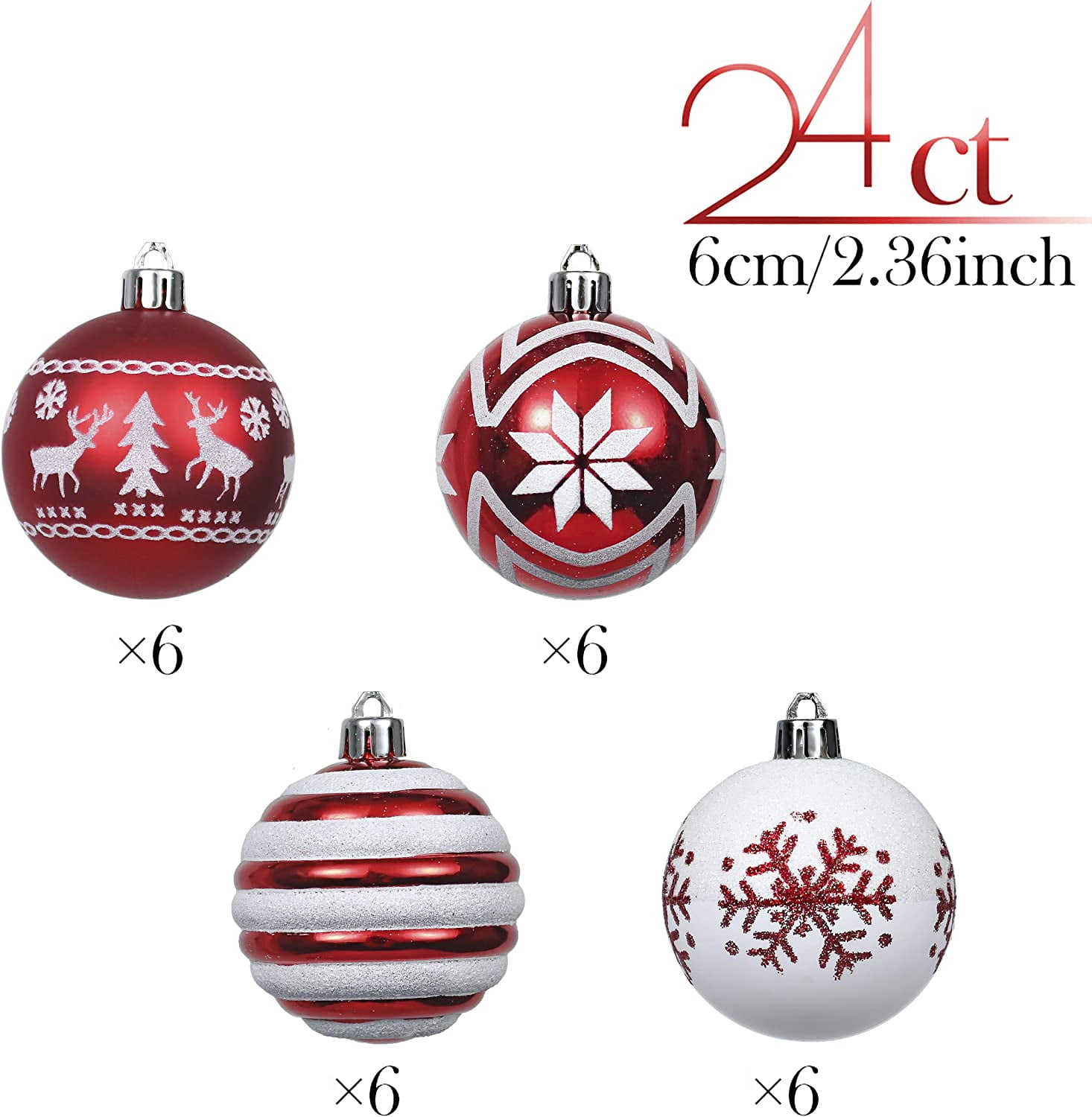HadinEEon Christmas Ball Ornaments, 24pcs Christmas Tree Decorations, 2.36" Xmas Hanging Balls (Red)