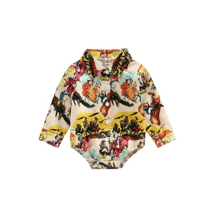 

Douhoow Baby Boy Western Gentleman Romper Infant Long Sleeve Button Down Cow Print Shirt Bodysuits