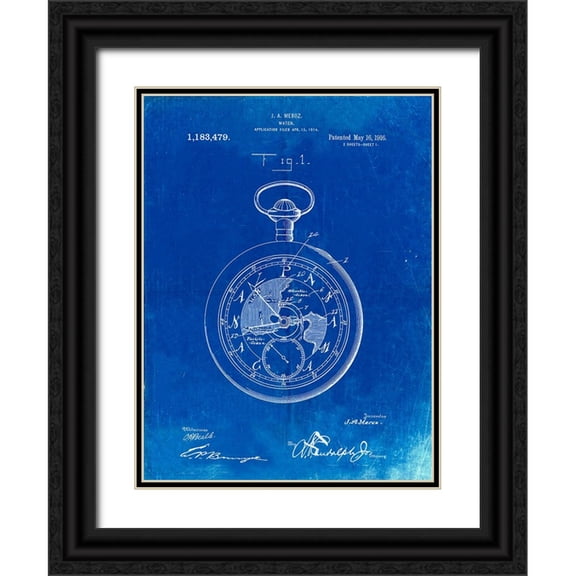 Borders, Cole 12x14 Black Ornate Wood Framed with Double Matting Museum Art Print Titled - PP112-Faded Blueprint U.S. Watch Co. Pocket Watch Patent Poster