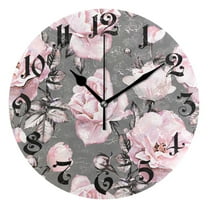 Wall Clock 10 Inch Silent Non-Ticking 8 Pink Flowers and Leaves on Gray Battery Operated Rustic Retro for Living Room Home Kitchen Bathroom