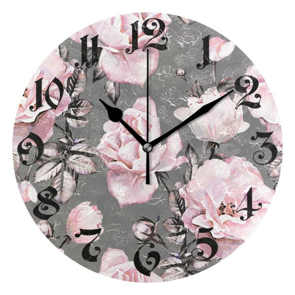 Wall Clock 10 Inch Silent Non-Ticking 8 Pink Flowers and Leaves on Gray Battery Operated Rustic Retro for Living Room Home Kitchen Bathroom