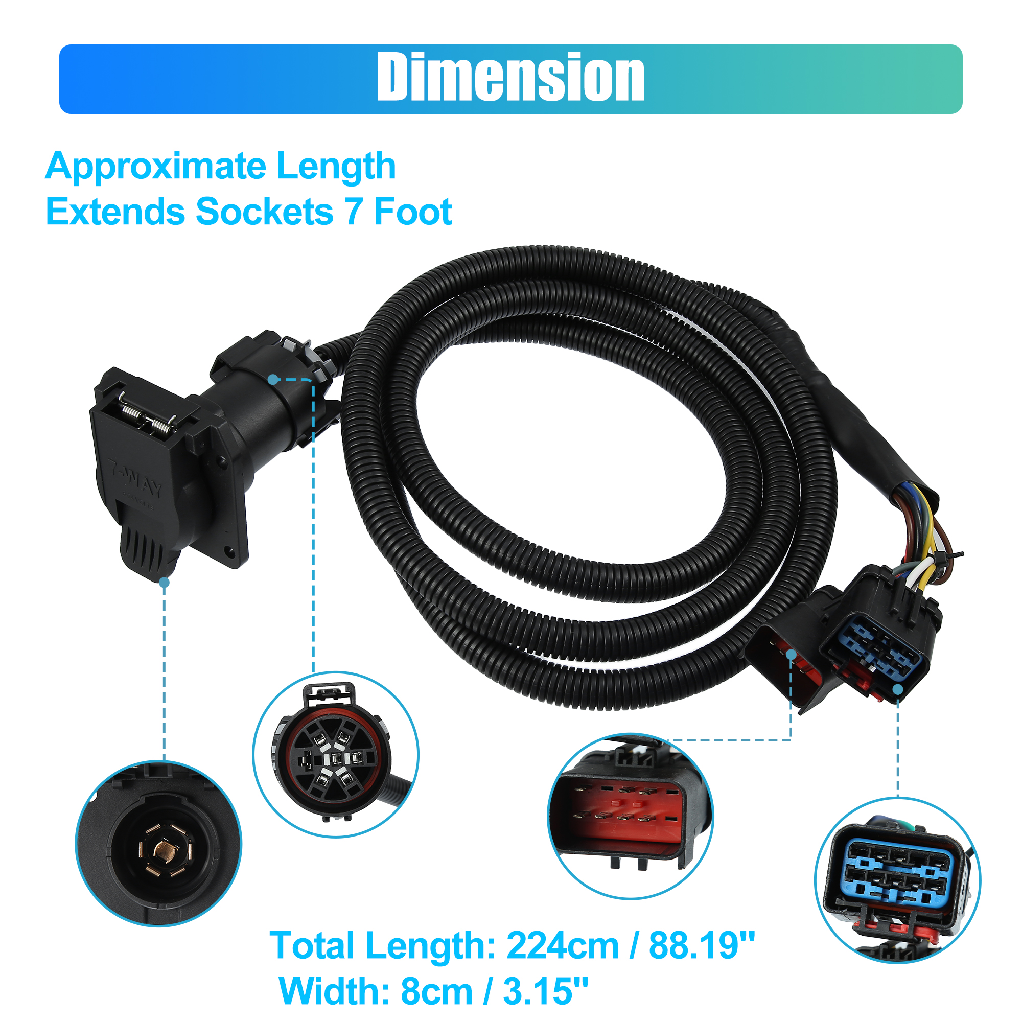 Unique Bargains 7 Foot 7 Pin Trailer Wiring Harness Extension Connector