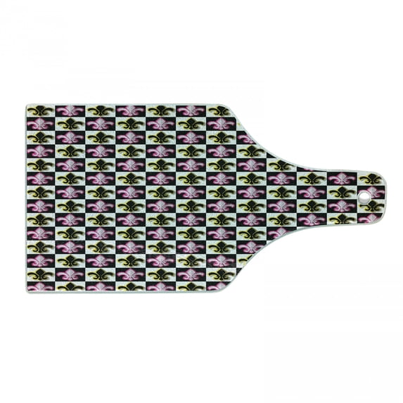 Fleur De Lis Cutting Board, Antique Classical Foliage Leaf Motifs with Pop Art Influences Checkered Design, Tempered Glass Cutting and Serving Board, Wine Bottle Shape, Multicolor, by Ambesonne