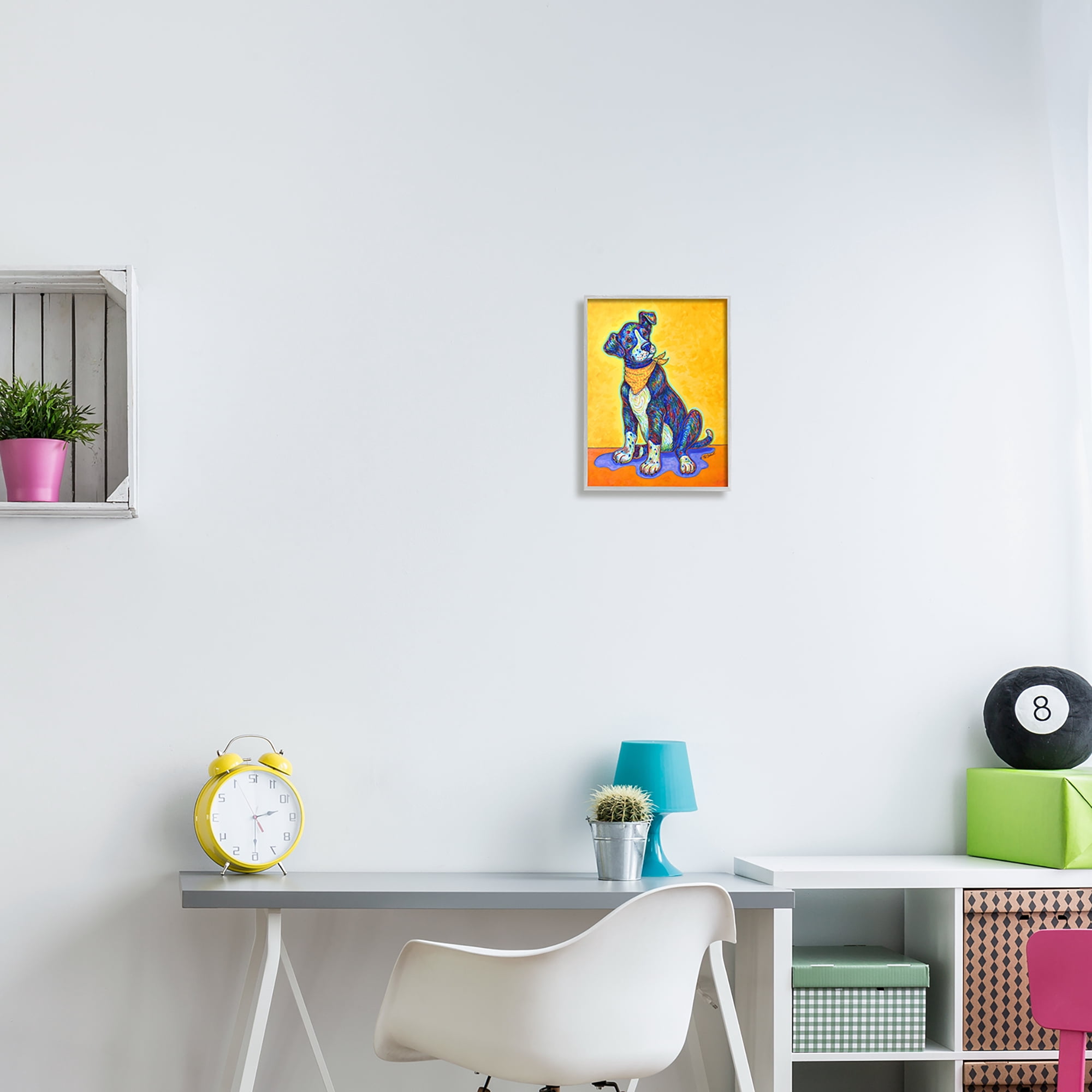 Stupell Industries Blue & Yellow Abstract Dog Animals & Insects Painting Gray Framed Art Print Wall Art, 11 x 14