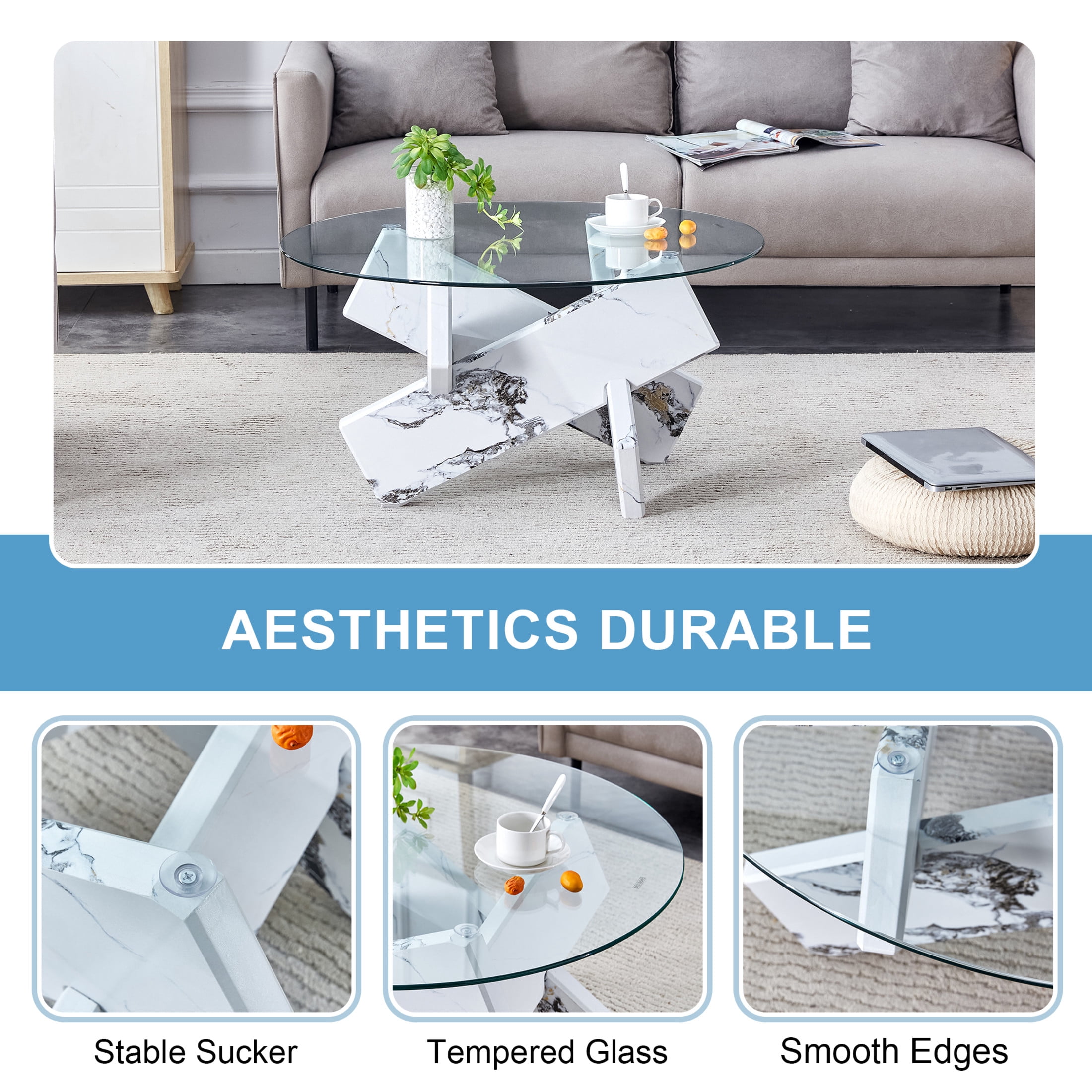 Noble House 33.4" Modern Round Glass Coffee Table, Tempered Top, Marble Patterned MDF Legs, Clear & White