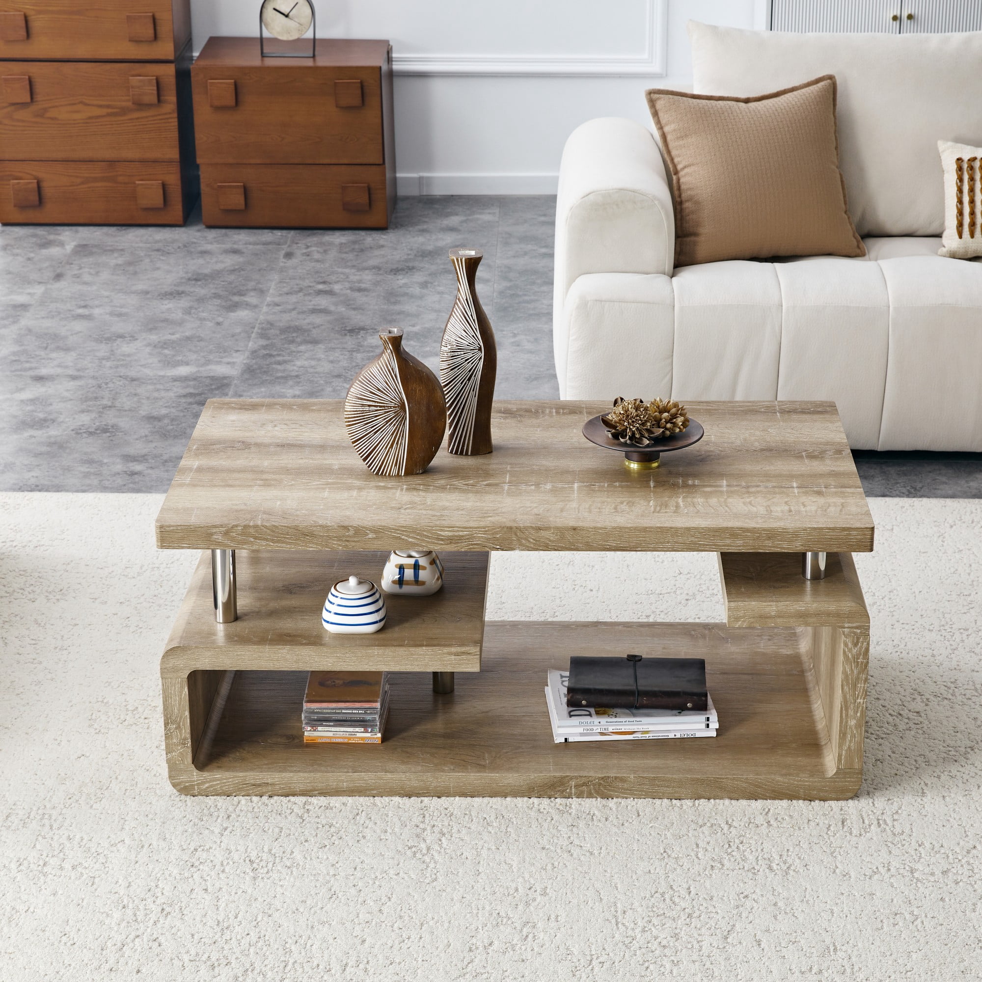Alvantor 3-Tier MDF Coffee Table with Modern Storage for Living Room or Office