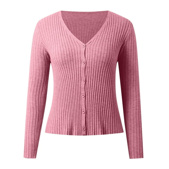 Womens Cardigan Sweaters Long Sleeve Knit V-Neck Button Down Womens Sweater Open Front Pink Sweaters Fashion Clothing