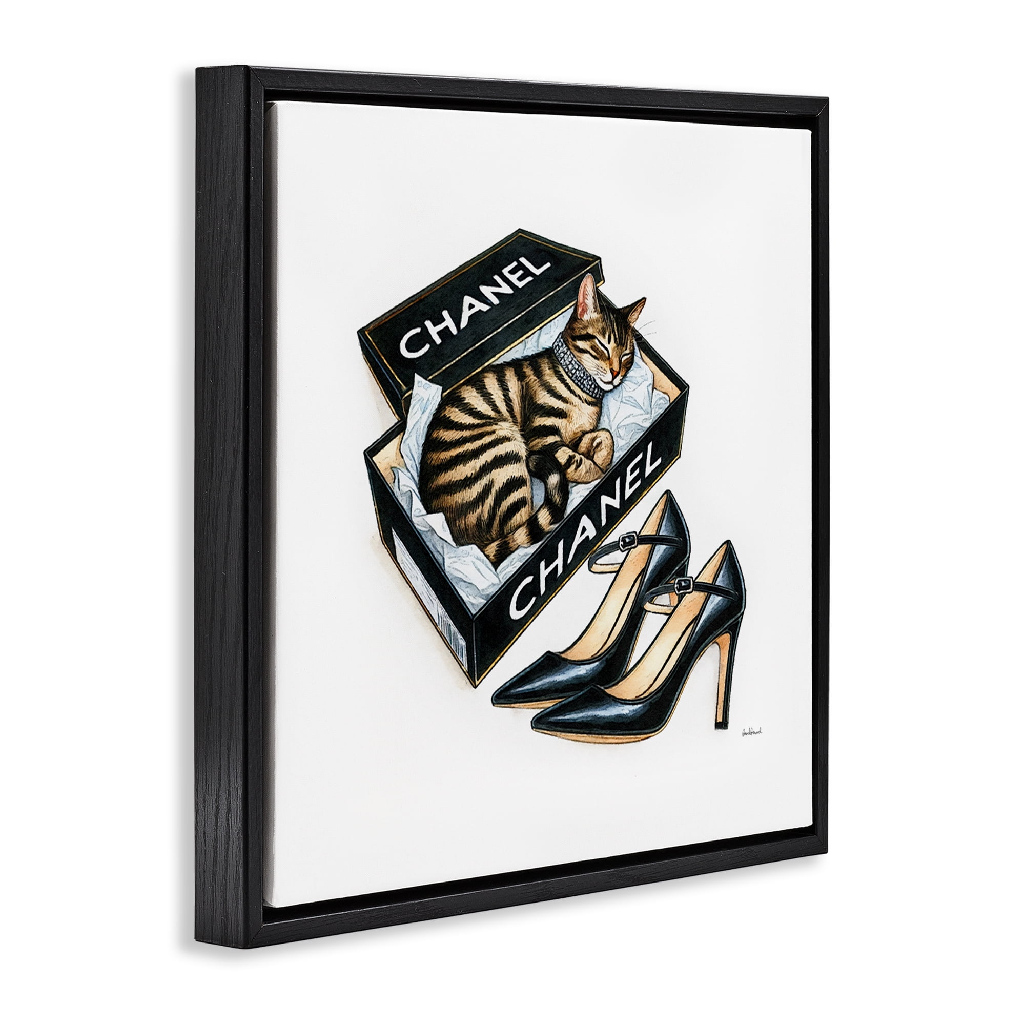 Stupell Industries Sleeping Cat in Shoe Box Animals Painting Black Floater Framed Canvas Art Print Wall Art, 25 x 25