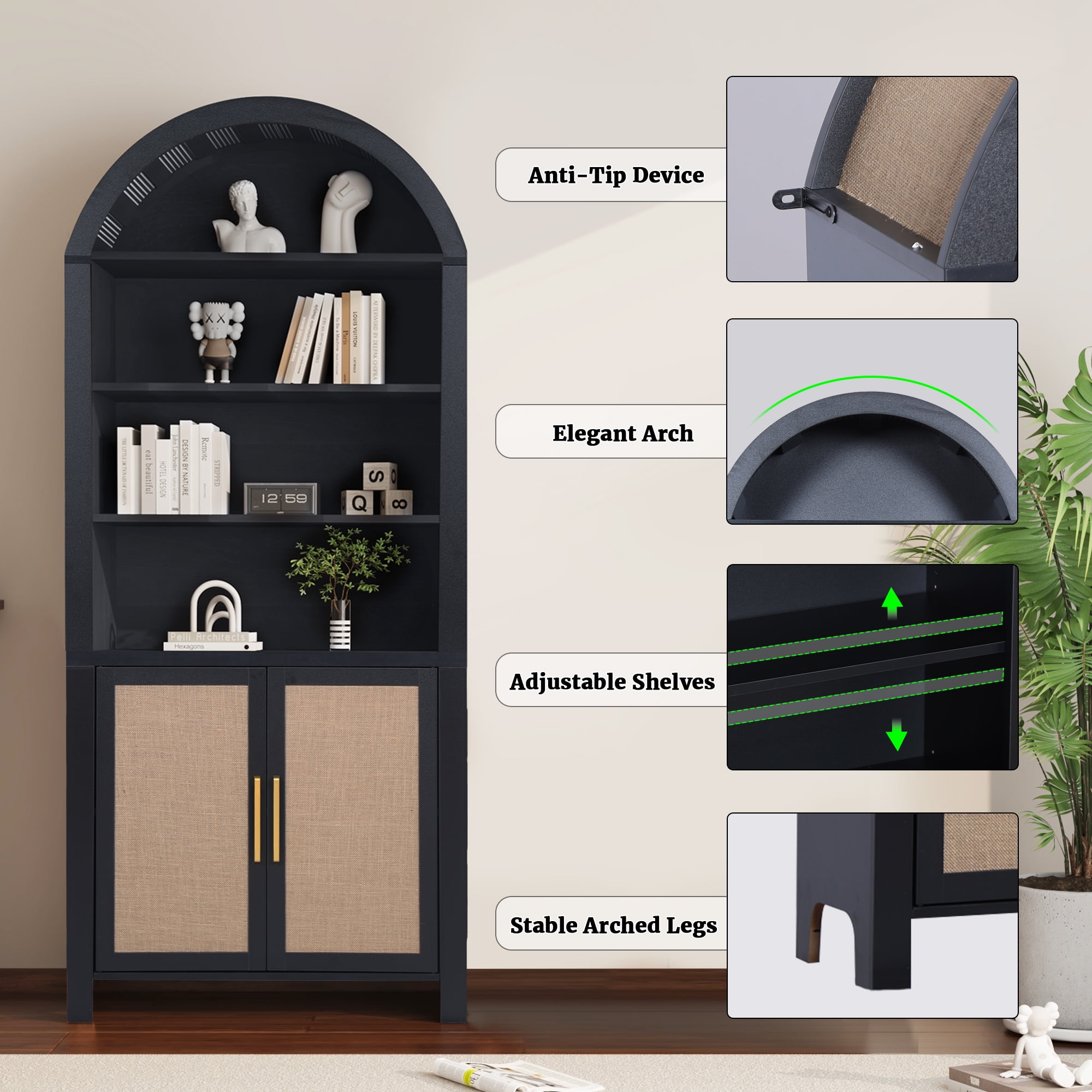 LEFHDA 71" Tall Bookshelf, Arched Bookcase with Doors, Mid-Century Modern 6-Tier Bookshelf with Storage, Rattan Open Display Storage Shelf Bookshelf for Living Room Bedroom & Classroom(Black)