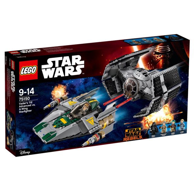 bloques de construcción lego vader's tie advanced contra a-wing starfighter 75150 set con TIE avanzado gris y negro (más de 4 in/10 cm alto x 5 in/12.7 cm largo x 6 in/15.2 cm ancho) y A-Wing gris con acentos verdes (más de 2.4 in/6 cm alto x 7.1 in/18 cm largo x 5.9 in/15 cm ancho); vista 3/4 que muestra cabina abatible con espacio para minifigura y caja de almacenamiento, tren de aterrizaje retráctil en el TIE y extendido en el A-Wing, tiradores con resorte que se disparan al tirar de la cabina; incluye sable, cascos y 4 minifiguras.