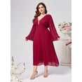 thumbnail image 6 of AURA Plus Size Chiffon Pleated V Neck Long Sleeve Dress 1XL 2XL Elegant A Line Midi Dress, 6 of 8