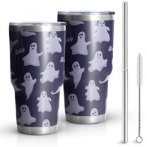 30oz Dark Purple Halloween Ghosts with Boo Tumblers Stainless Steel Tumbler with Lid and Straw,Vacuum Insulated Double Wall Travel Tumbler Cups Mug with Cleaning Brush for Coffee,Tea