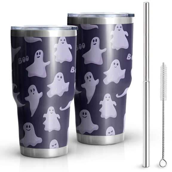 30oz Dark Purple Halloween Ghosts with Boo Tumblers Stainless Steel Tumbler with Lid and Straw,Vacuum Insulated Double Wall Travel Tumbler Cups Mug with Cleaning Brush for Coffee,Tea
