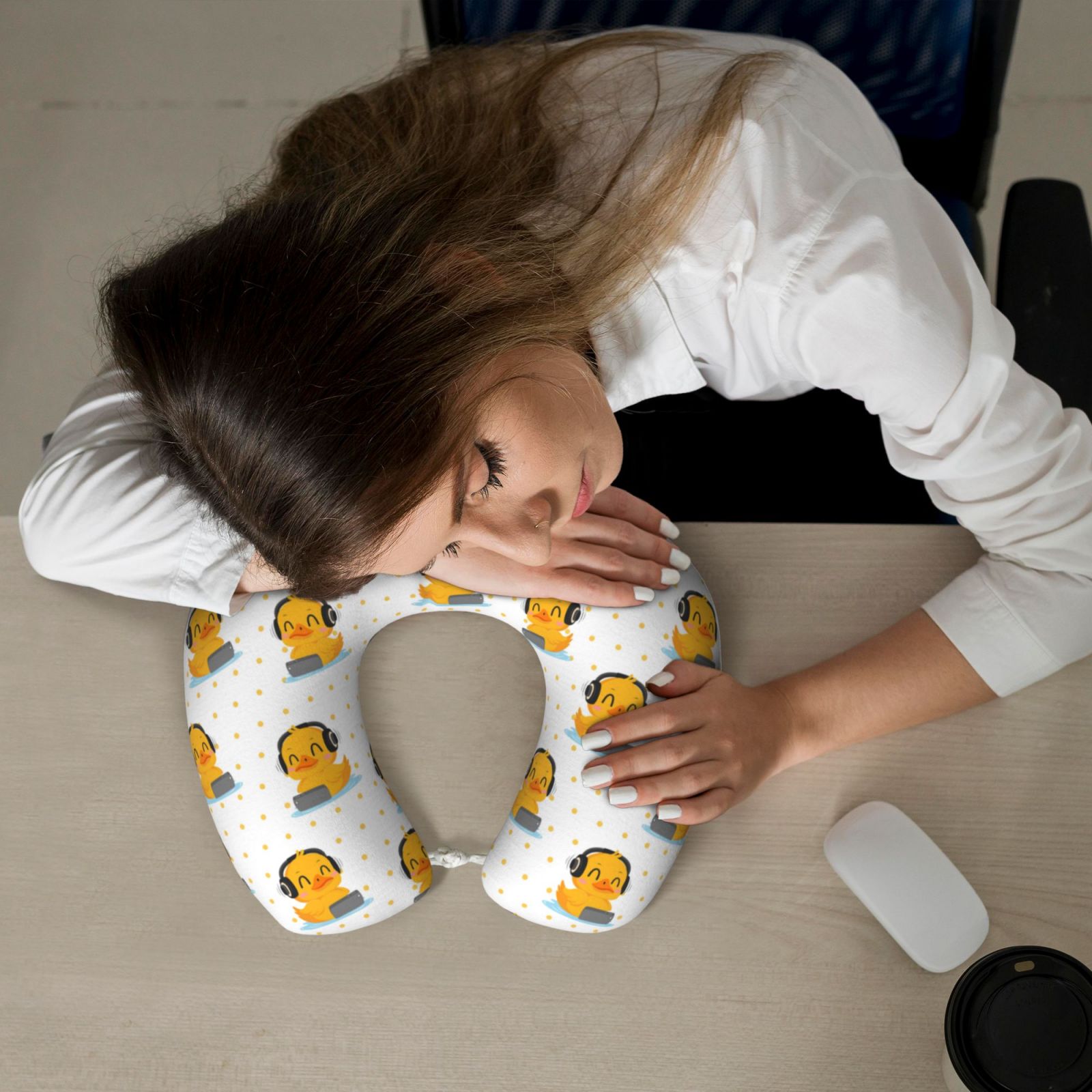 Xecao Cute Duck With Headphone Print Memory Foam Cervical Neck Pillow Versatile U-Shaped Pillows for Home,Office,Camping,Travelling,Soft Washable Cover