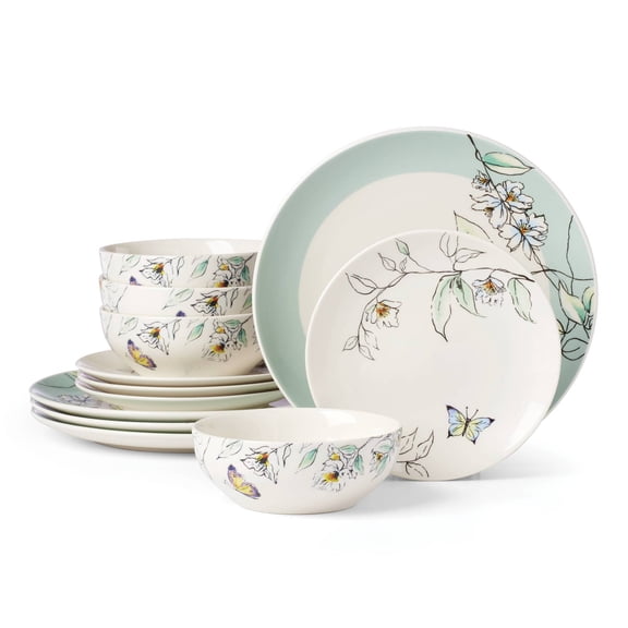 Oneida Botanica 12-Piece Green Dishwasher Safe Porcelain Dinnerware Set with Dinner Plates, Accent Plates and All-Purpose Bowls (Service for 4)