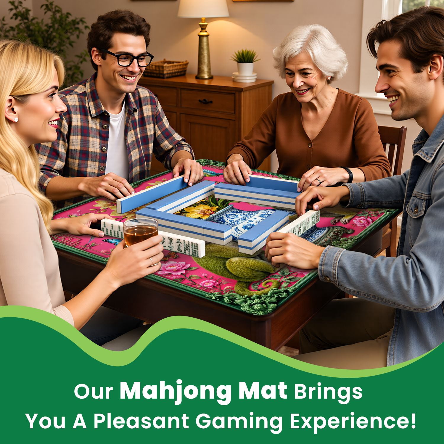 Mahjong Mat 31.5" x 31.5" Decorative Monkeys Floral Vase Birds Pink Non-Slip Noise Reduction Mahjong Tiles Table Cover for Dominoes Poker Card Board and Tile Games