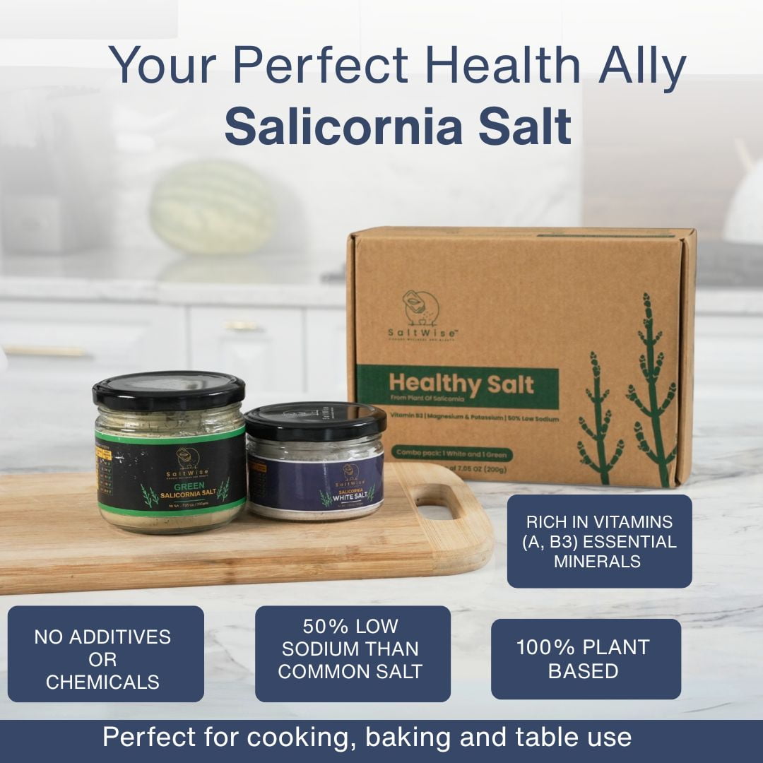 SaltWise Green & White Salicornia Salt Gift Set Low Sodium Plant Based Vegan 14.1 oz 400g Includes Gift Tote & Salt Shaker