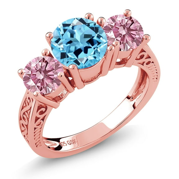 Gem Stone King 18K Rose Gold Plated Silver Swiss Blue Topaz and Pink Lab Grown Diamond Engagement Ring for Women | 2.65 Cttw | Round 7MM | Gemstone November Birthstone | Size 6