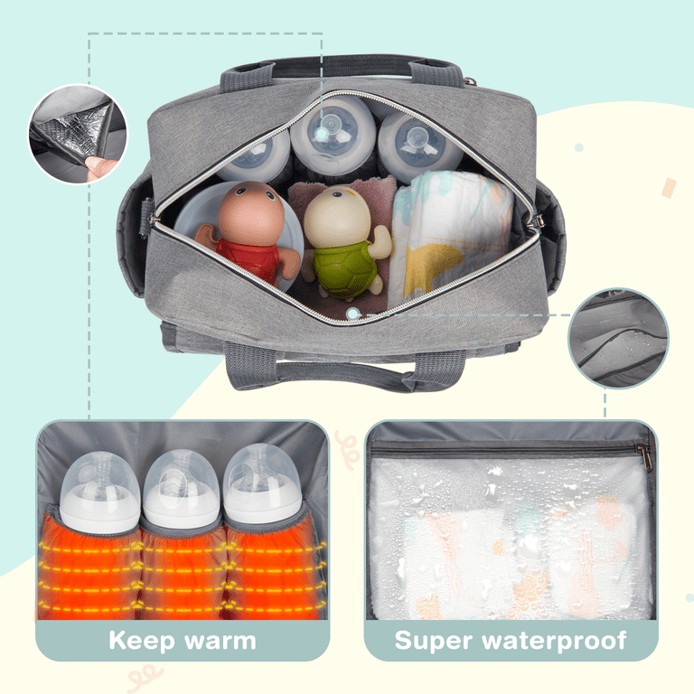 GPED Diaper Bag Tote with 3 Insulated Pockets, Grey photo 6