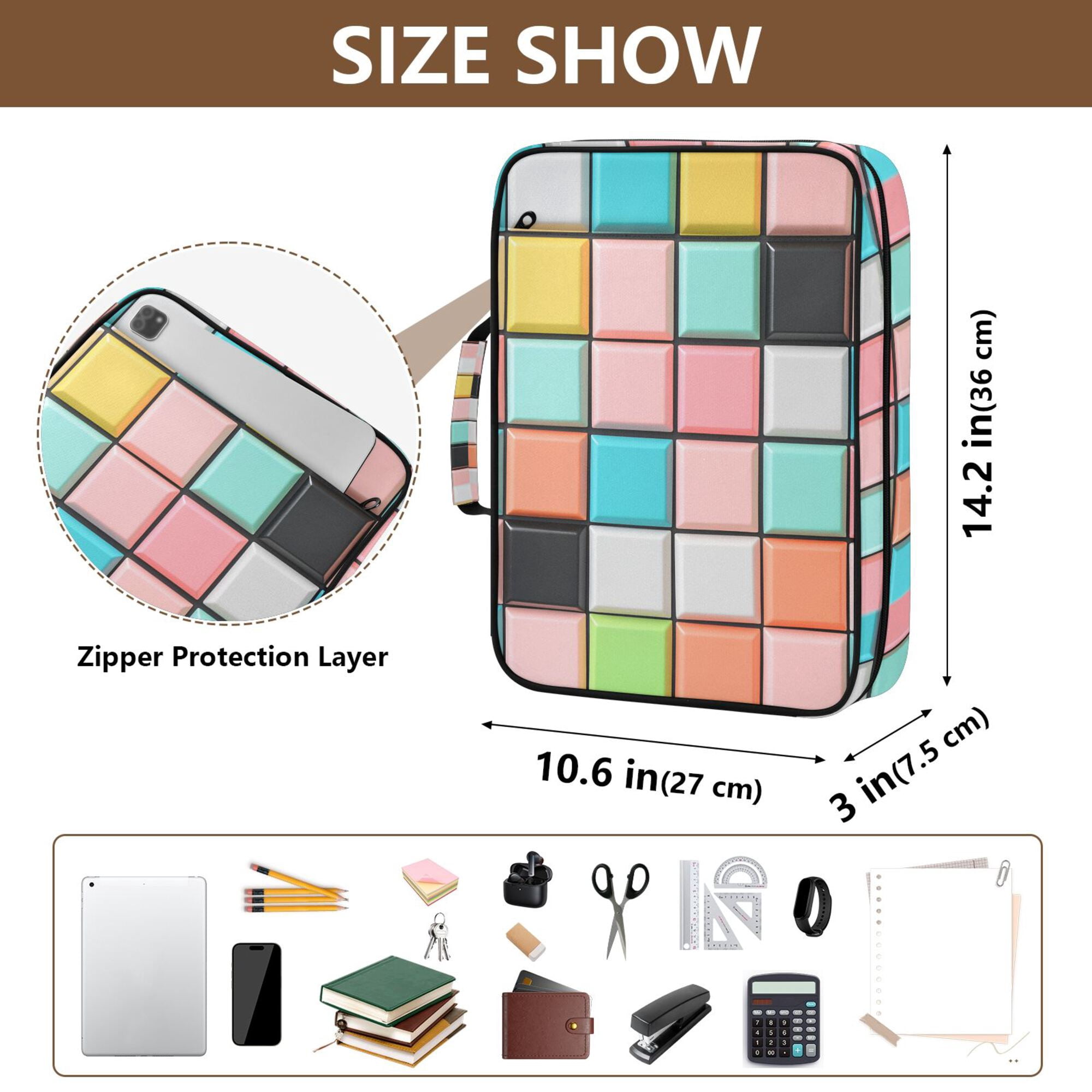 FORMRS Accordion File Folder A4 Size 7-Pocket Expanding Document Organizer Bag with 3 Ring Binder, Colorful Checkered Pattern