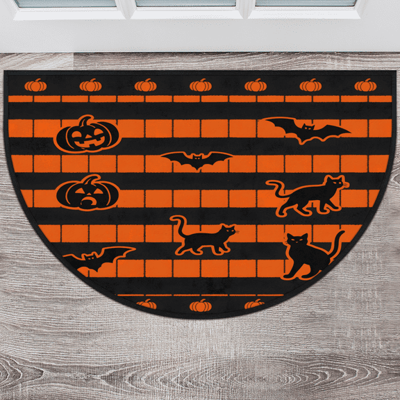 CURLYOOT Halloween Cat Bats Half Round Door Mat, Indoor Outdoor Entrance Rug, Striped Semi Circular Area Rug, Non Slip Washable Absorbent Doormat, Laundry Room Rug 40'' x 63''