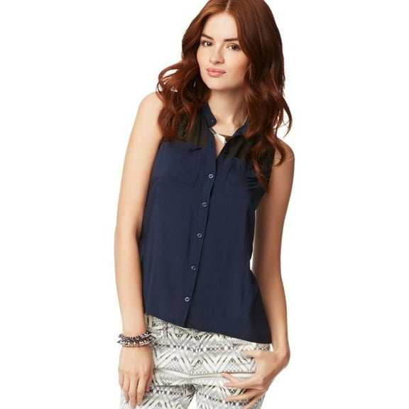 Aeropostale Womens Button Down Chiffon Tank Top, Blue, Juniors, Small