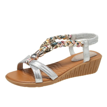 

Womens Sandals Comfortable Fashion Bohemian Summer Leather Knitted Rhinestone Decoration Slope Heel Sandals