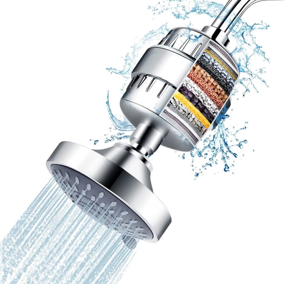 Shower Head and 15 Stage Shower Filter Combo, High Pressure 5 Spray Settings Filtered Showerhead with Water Softener Filter Cartridge for Hard Water Remove Chlorine and Harmful Substances