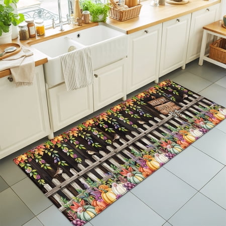Runner Rug for Bedroom Hallway Autumn Pumpkin Flower Leaf Kitchen Runner Rugs Area Rug 2x6ft Rustic Farmhouse Bird Brown Wood Washable Soft Floor Carpet for Entryway Stair